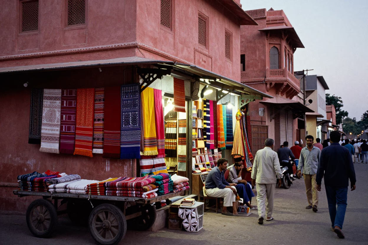 Busy Jaipur Street Evening with Colorful Shop Display and Local Life in in Jaipur, India