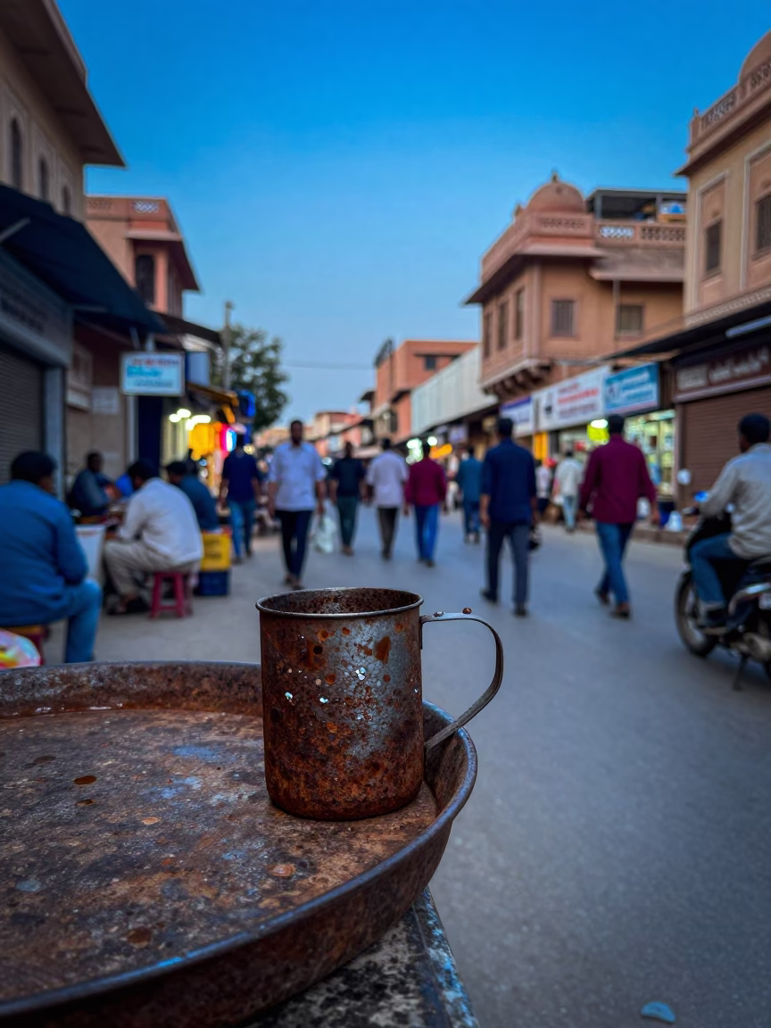 Busy Jaipur Street Evening with Rusty Cup and Faceted Glass Light in in Jaipur, India