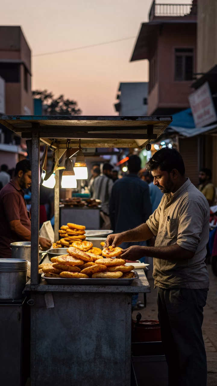 Busy Jaipur Street Food Stall with Aloo Tikki and Chutneys at Dusk in in Jaipur, India