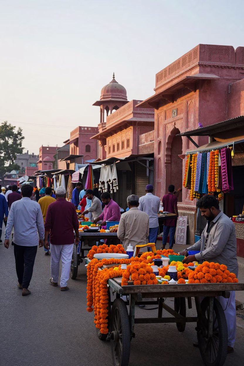 Busy Jaipur Street Market at Dawn with Colorful Goods and Local Commerce in in Jaipur, India