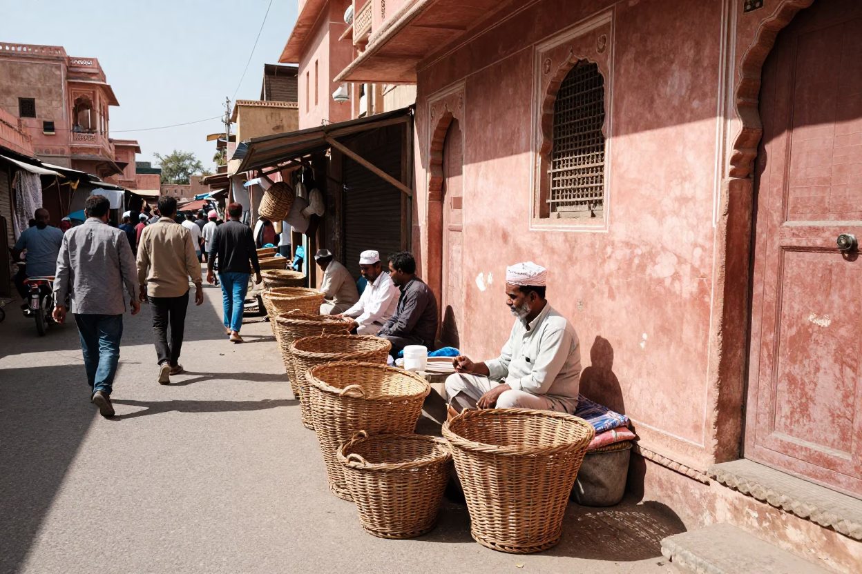 Busy Jaipur Street Market Midday Scene with Wicker Basket and Pomegranate Fruit in in Jaipur, India