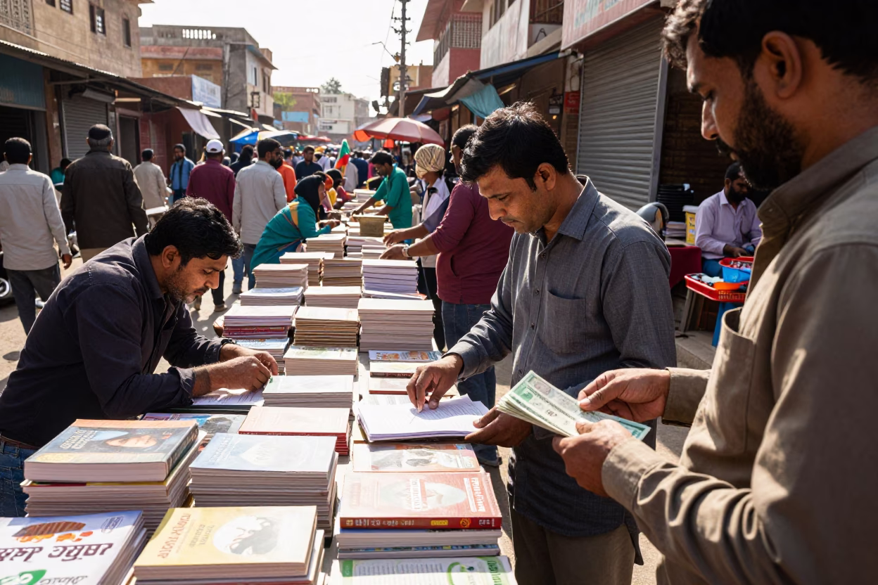 Busy Jaipur Street Market Midday with Cookbooks and Local Commerce in in Jaipur, India