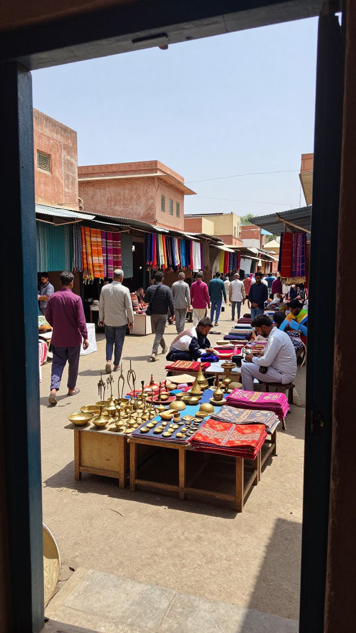 Busy Jaipur Street Market Midday with Doorframe Framing Local Commerce and Colorful Goods in in Jaipur, India