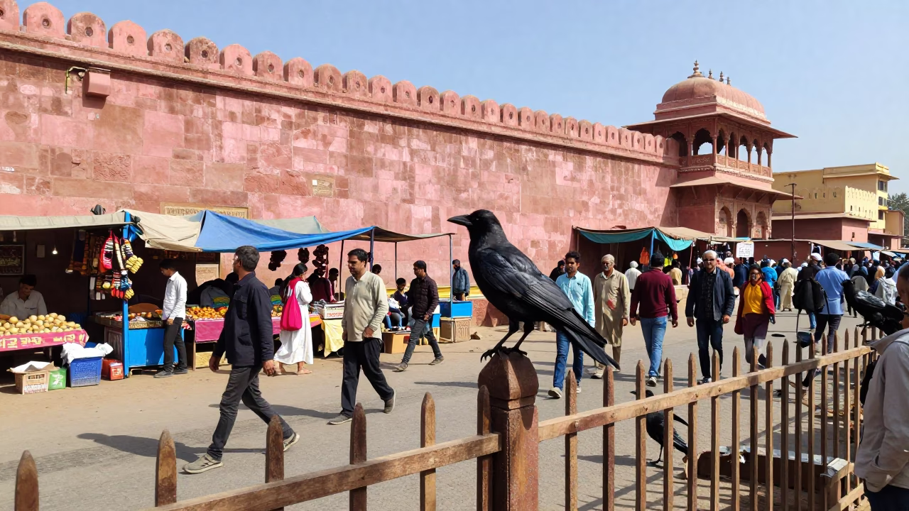 Busy Jaipur Street Market Noon with Crow on Fence Post and Coconuts in in Jaipur, India