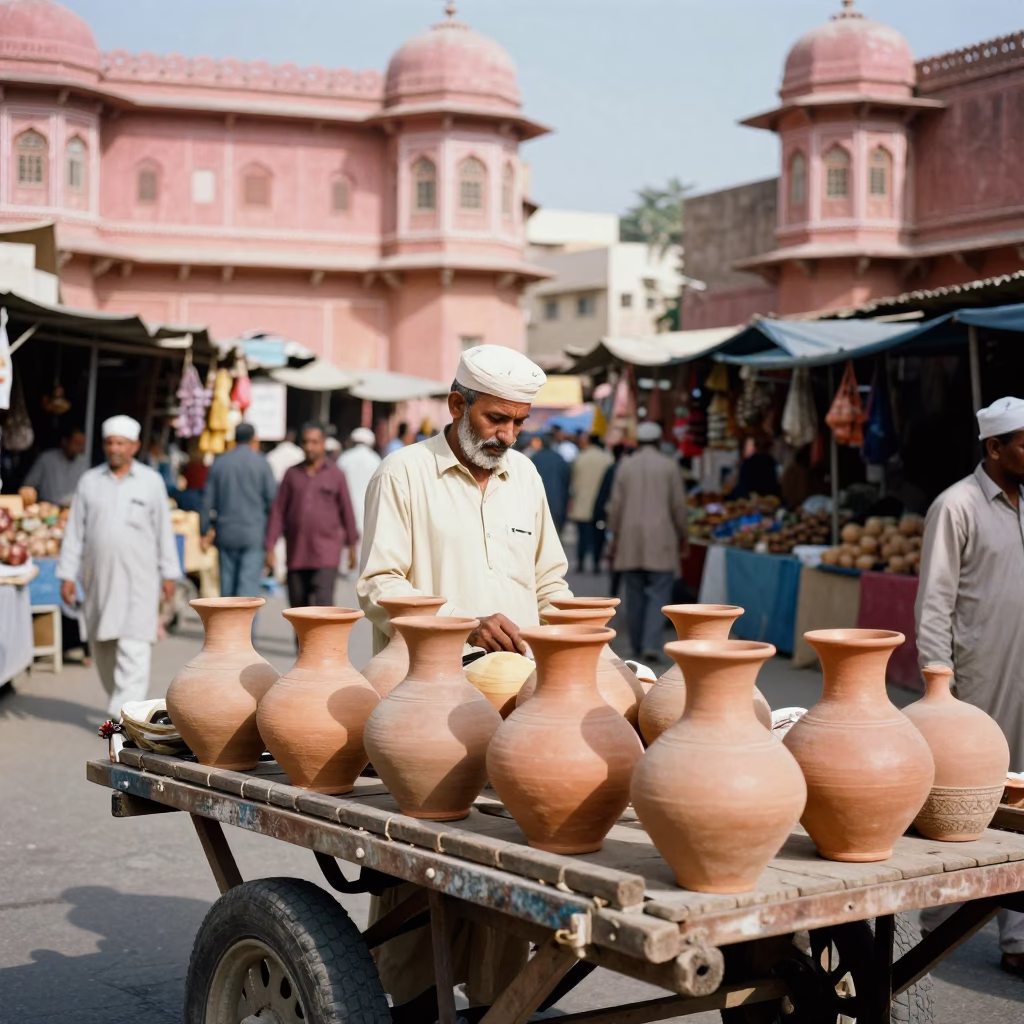 Busy Jaipur Street Market Scene with Clay Pots and Wooden Utensils at Midday in in Jaipur, India