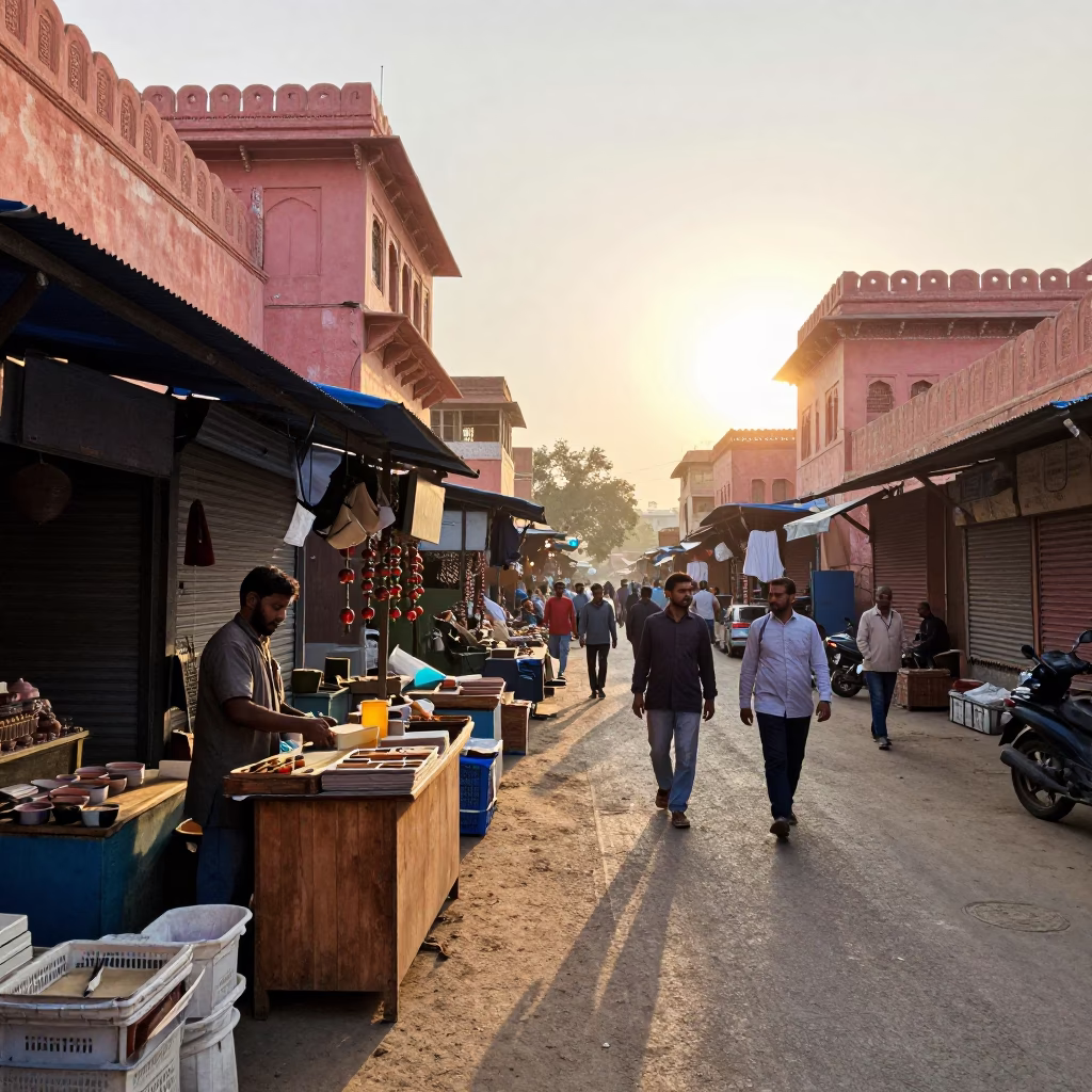 Busy Jaipur Street Market Stall After Sunrise with Traders and Daily Commerce in in Jaipur, India