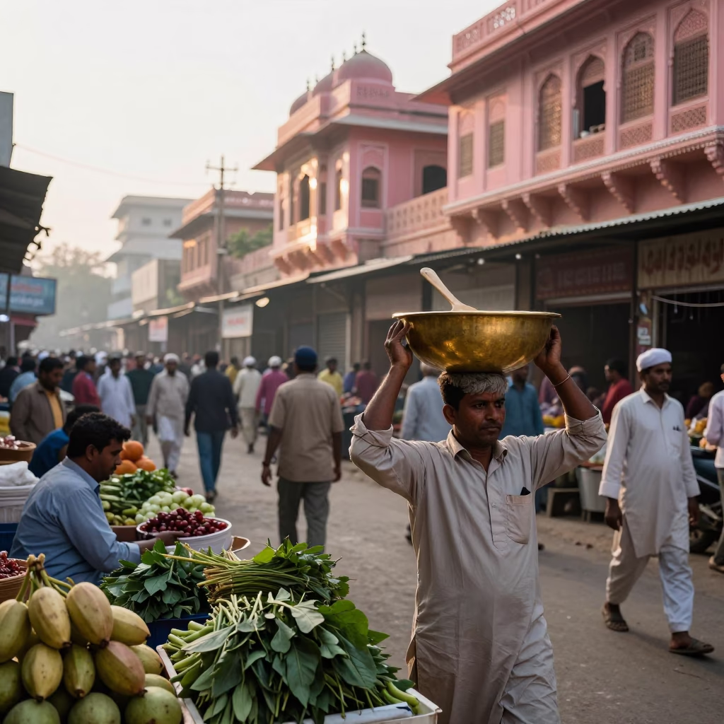 Busy Jaipur Street Morning with Wooden Spoon and Hinge Details in in Jaipur, India