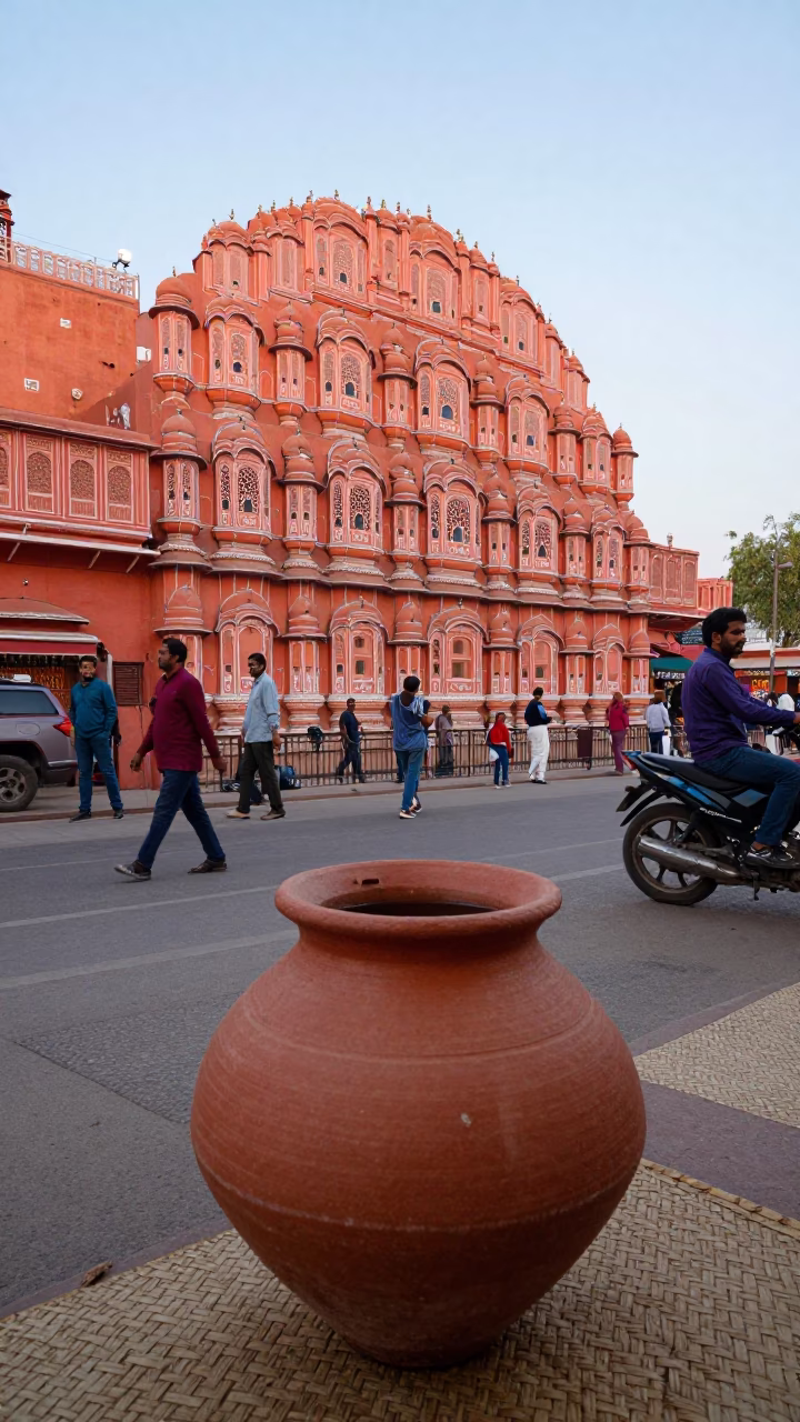 Busy Jaipur Street Scene After Sunrise with Clay Pot and Broom in in Jaipur, India