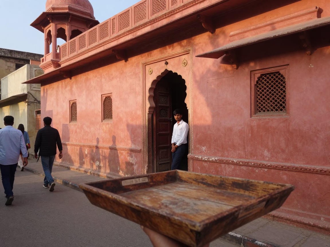 Busy Jaipur Street Scene After Sunrise with Wooden Tray and Notebook in in Jaipur, India