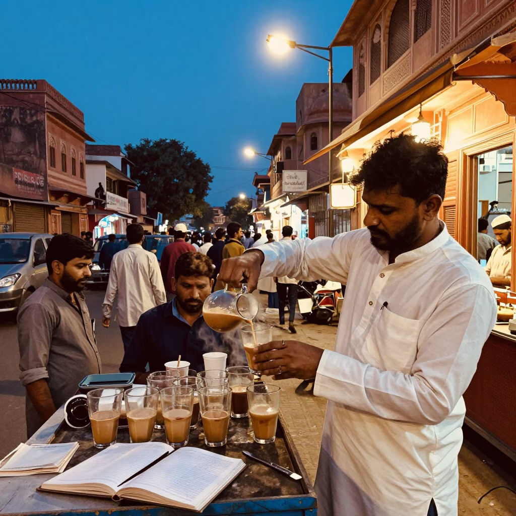 Busy Jaipur Street Scene at Blue Hour with Glass Tumblers and Ledger in in Jaipur, India