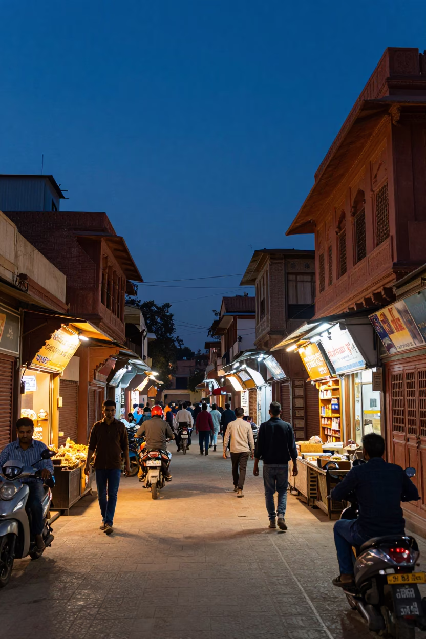 Busy Jaipur Street Scene at Blue Hour with Traditional Architecture and Local Life in in Jaipur, India