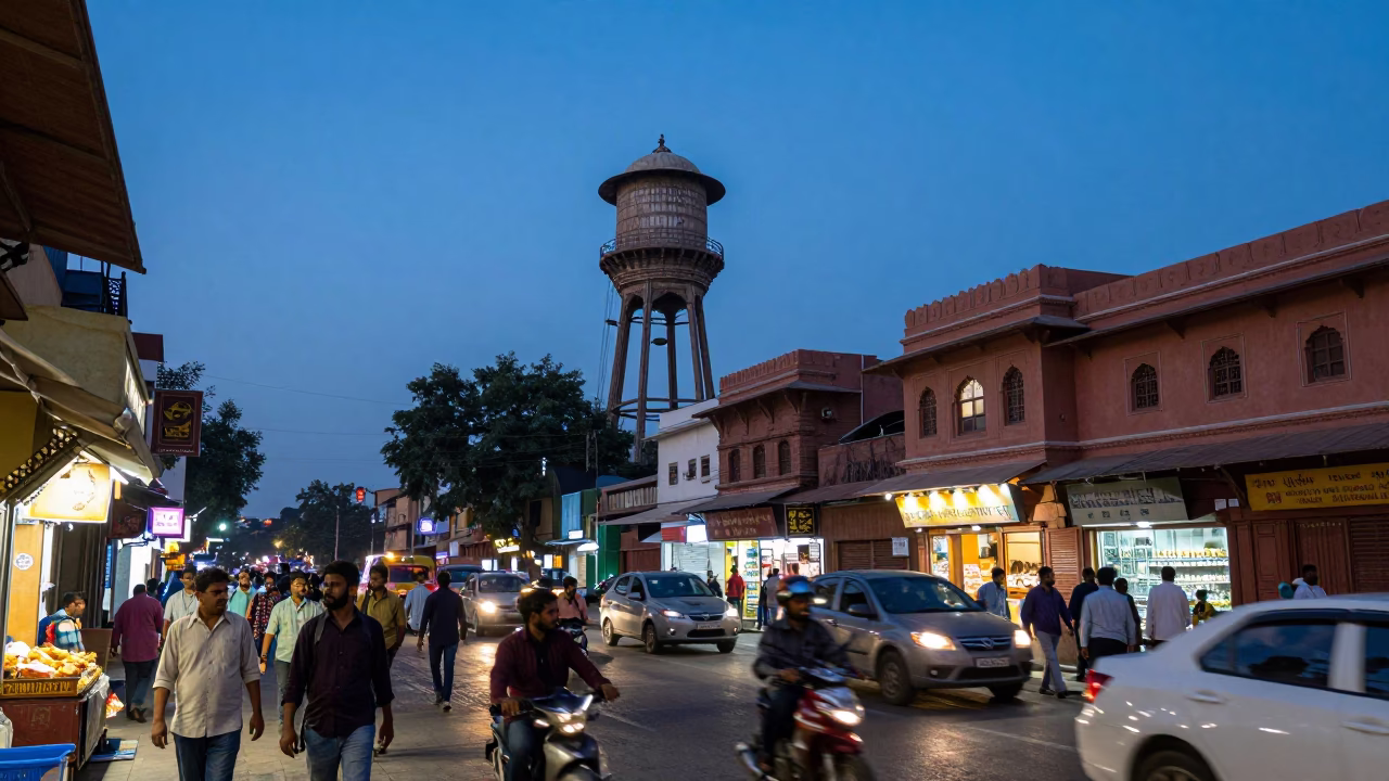 Busy Jaipur Street Scene at Blue Hour with Water Tower and Brushed Steel Reflection in in Jaipur, India