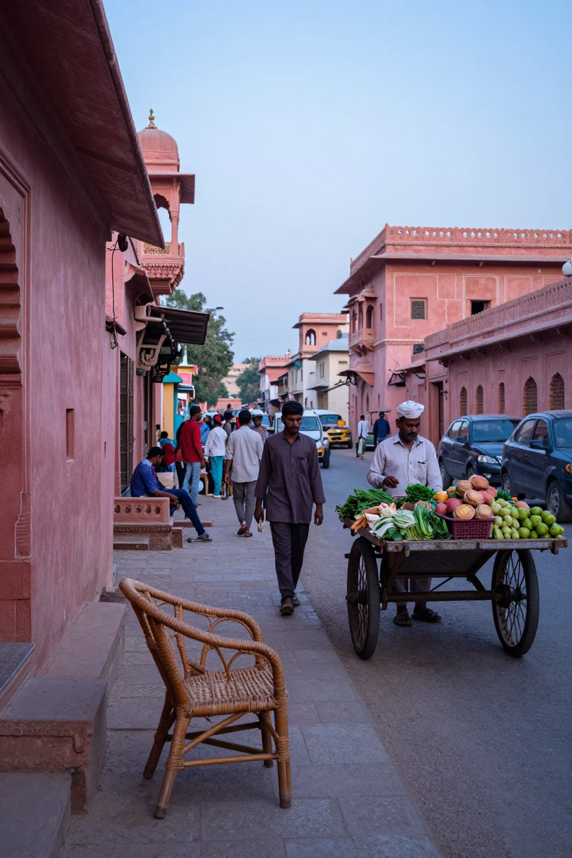 Busy Jaipur Street Scene at Dawn with Rattan Chair and Local Commerce in in Jaipur, India