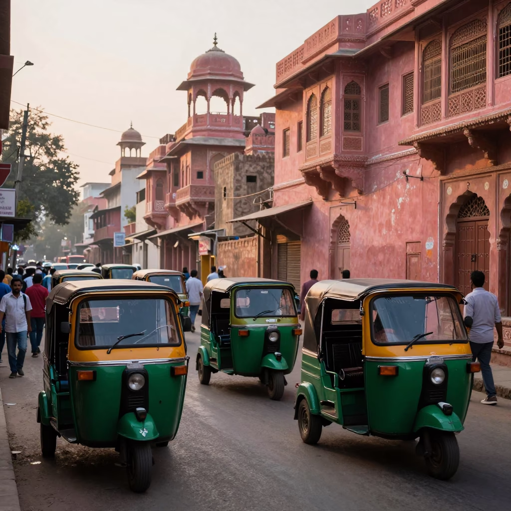 Busy Jaipur street scene at dawn with rickshaws and local vendors in in Jaipur, India