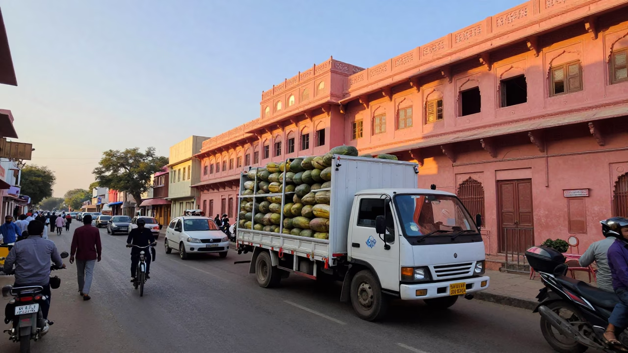 Busy Jaipur Street Scene at Dawn with Truck and Lockbox in in Jaipur, India