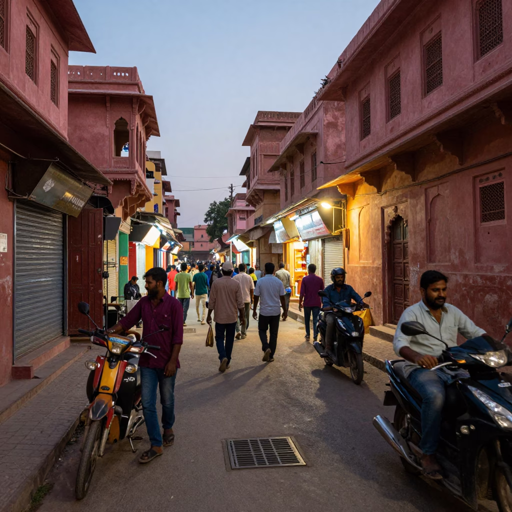 Busy Jaipur Street Scene at Dusk with Brass Drain and Coffee Tin in in Jaipur, India
