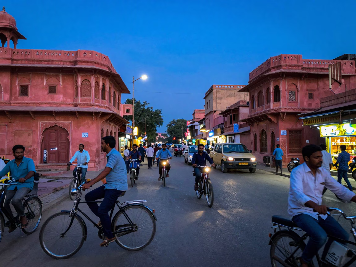 Busy Jaipur Street Scene at Dusk with Cyclist and Local Life in in Jaipur, India