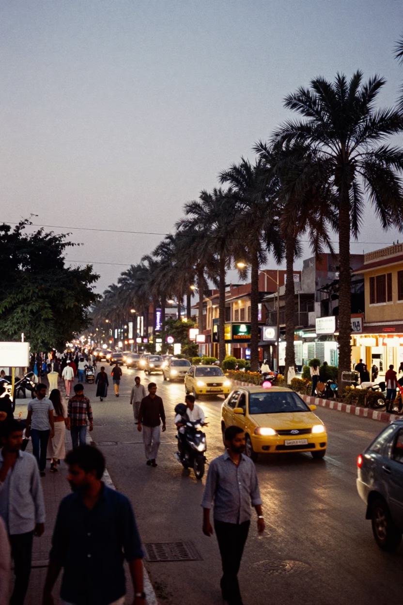 Busy Jaipur Street Scene at Dusk with Palm Trees and City Lights in in Jaipur, India