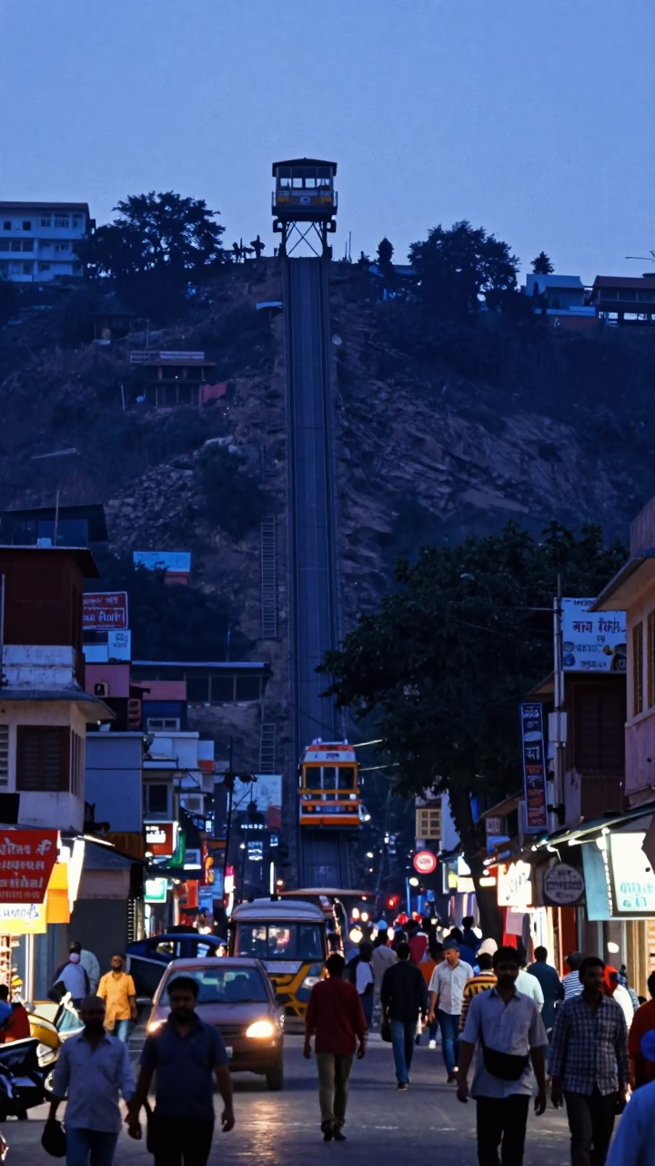 Busy Jaipur Street Scene at Nautical Dawn with Funicular and Rusty Sill in in Jaipur, India