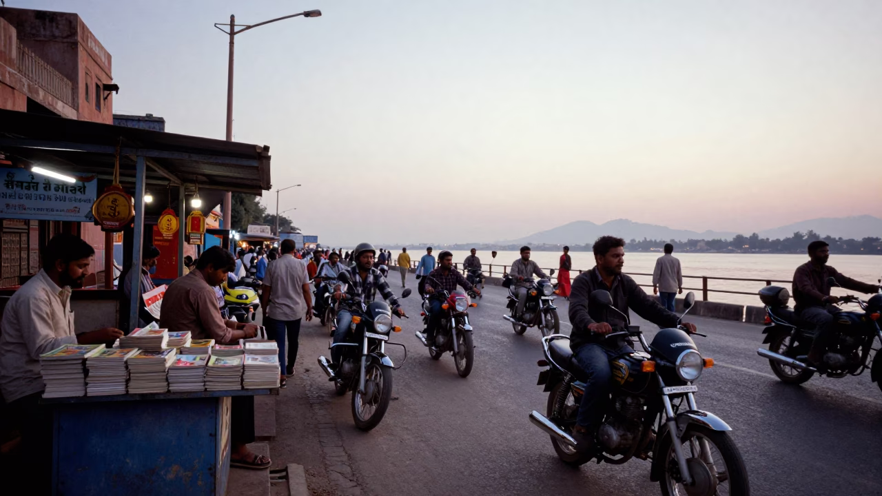 Busy Jaipur Street Scene at Nautical Dawn with Motorbike and Paperbacks in in Jaipur, India