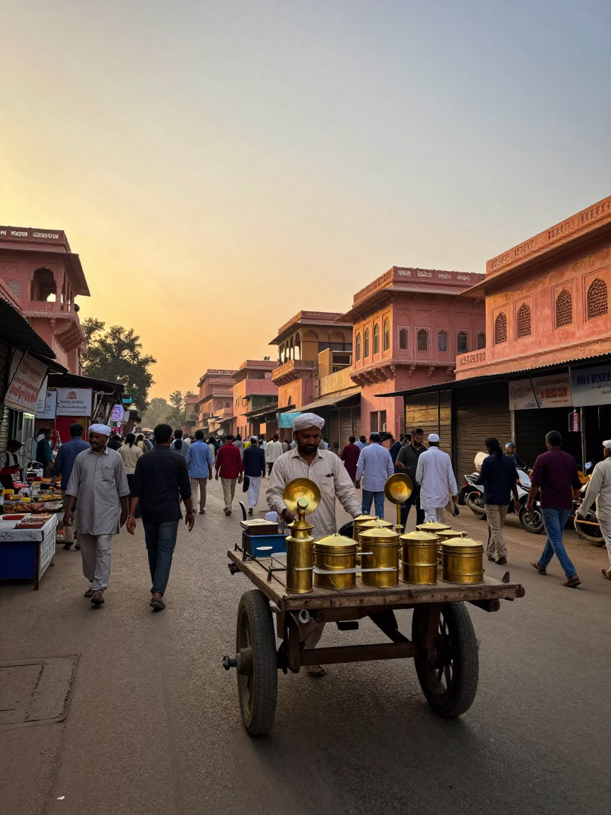 Busy Jaipur Street Scene at Sunset with Brass Hardware and Rusty Details in in Jaipur, India