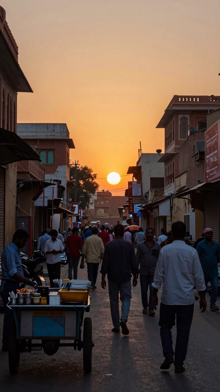 Busy Jaipur Street Scene at Sunset with Cutlery and Wall Smudges in in Jaipur, India