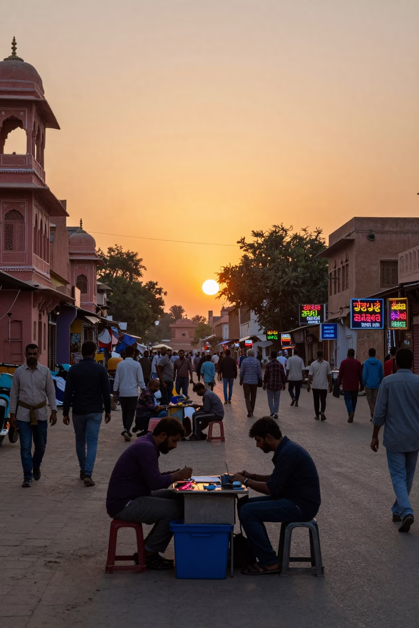 Busy Jaipur Street Scene at Sunset with Neon Sign Maker and Traditional Architecture in in Jaipur, India