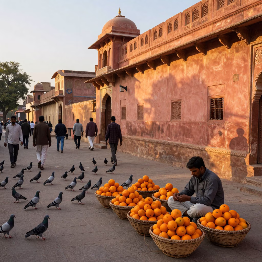 Busy Jaipur street scene at sunset with pigeons and orange vendor in in Jaipur, India