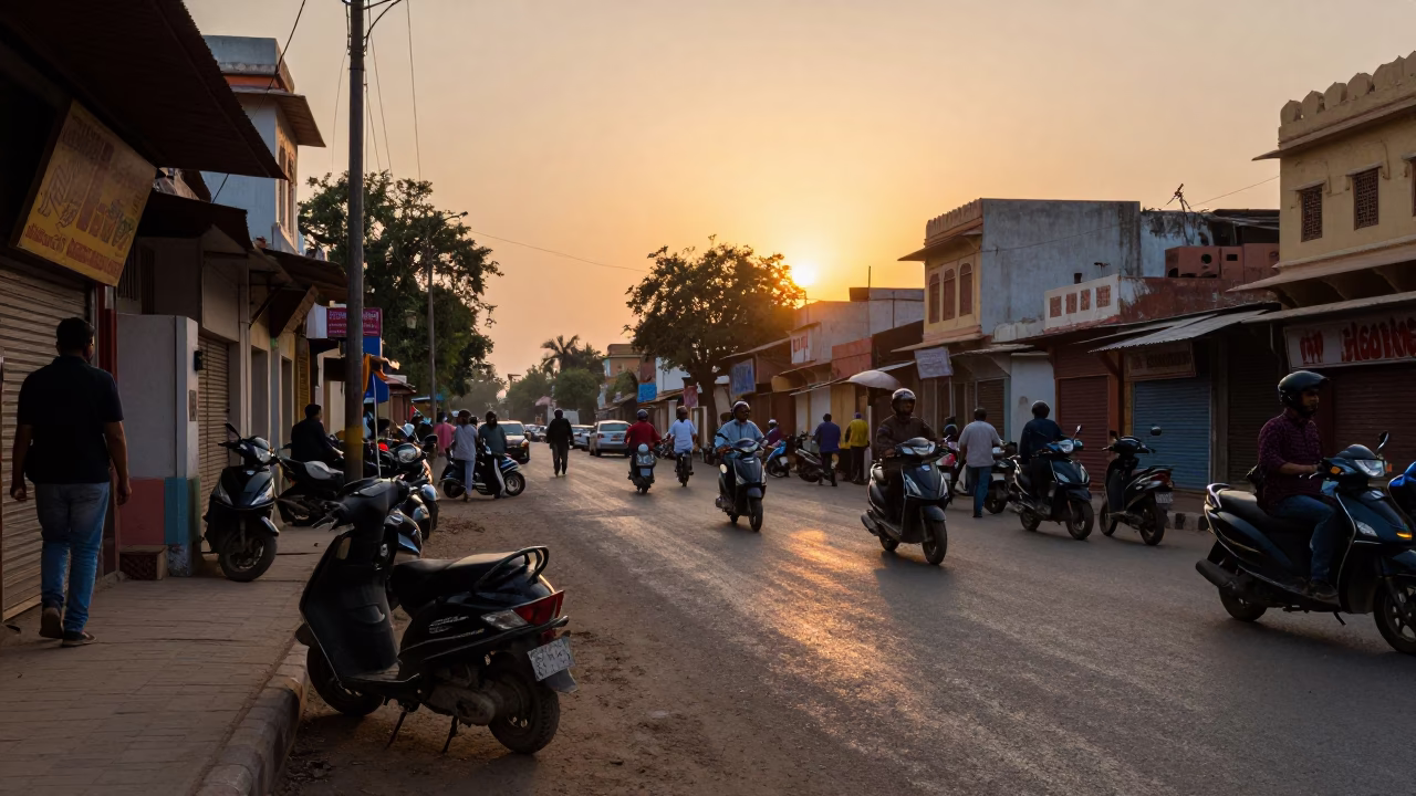 Busy Jaipur Street Scene at Sunset with Scooters and Traditional Architecture in in Jaipur, India