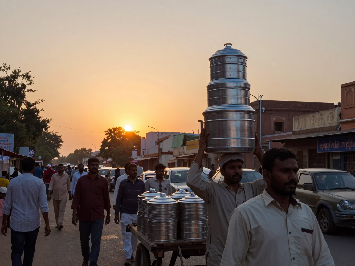 Busy Jaipur Street Scene at Sunset with Tiffin Tin and Cardigans Near Kapok Tree in in Jaipur, India