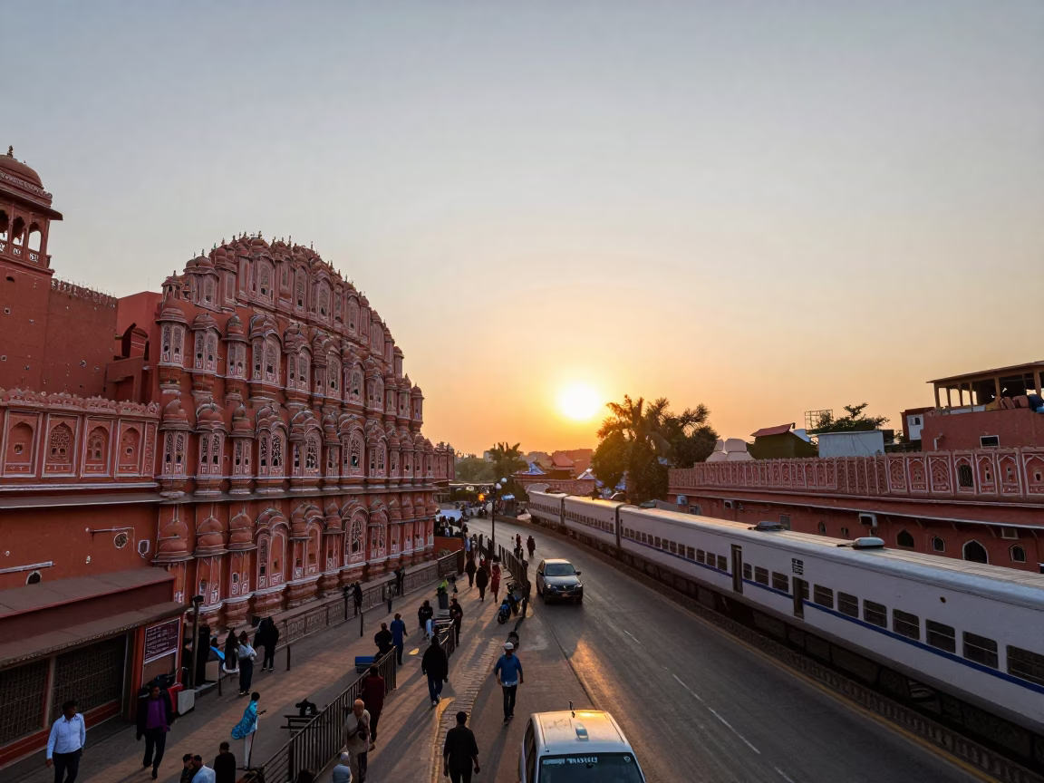 Busy Jaipur Street Scene at Sunset with Traditional Architecture and Local Life in in Jaipur, India