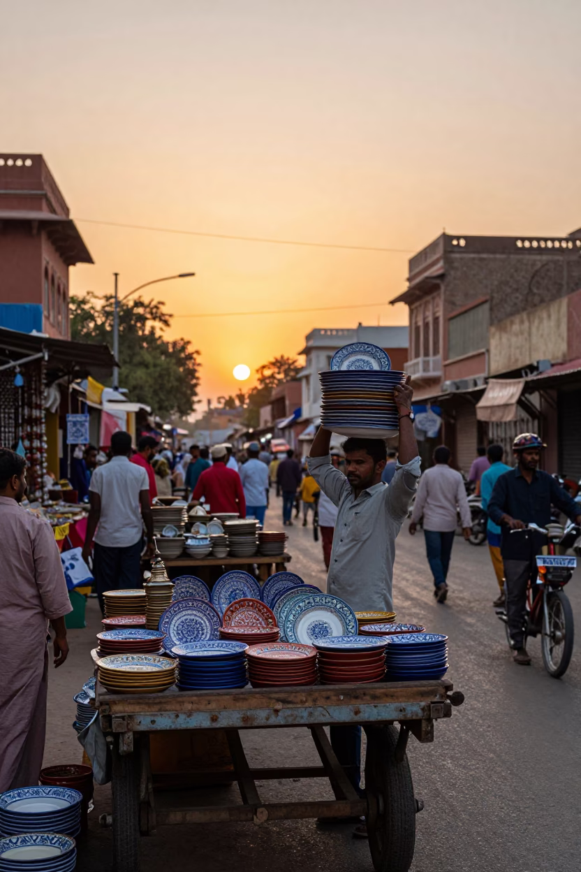 Busy Jaipur street scene at sunset with vintage majolica plate and brass teapot in in Jaipur, India