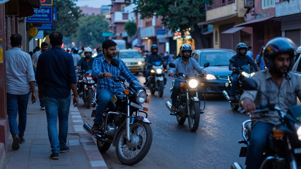 Busy Jaipur Street Scene at Twilight with Motorcycle and Food Stall in in Jaipur, India