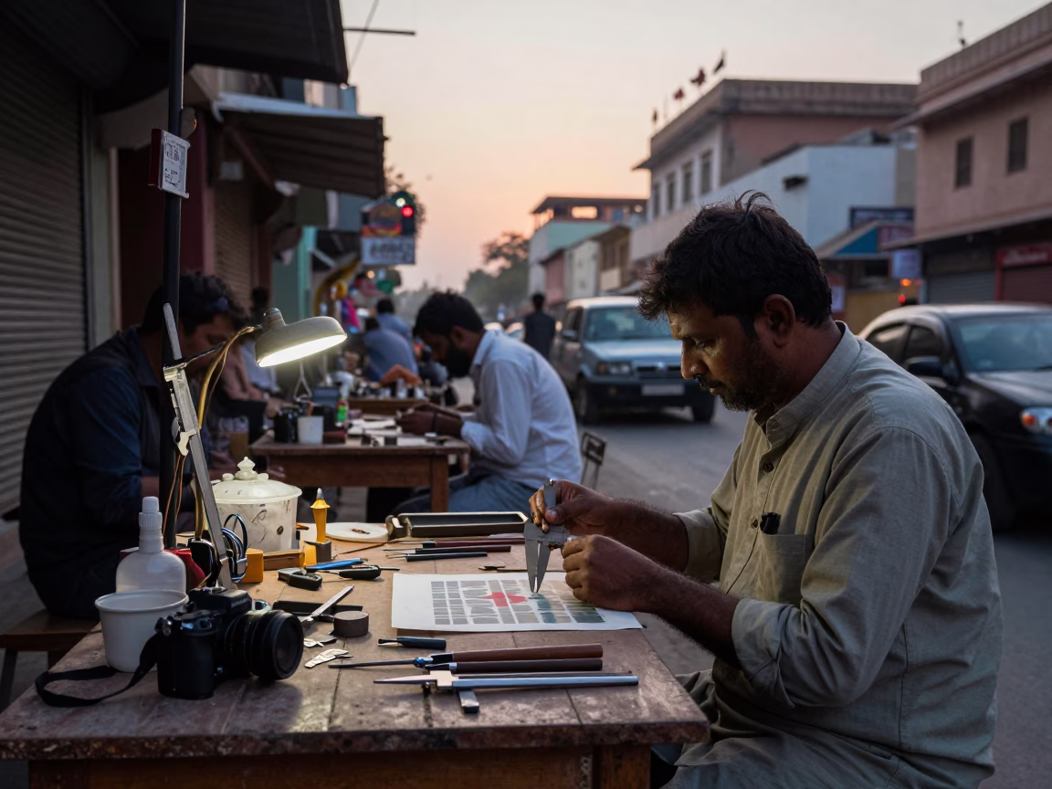 Busy Jaipur Street Scene Before Sunrise with Calipers and Pottery Shards in in Jaipur, India