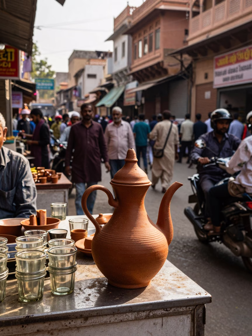 Busy Jaipur Street Scene Early Afternoon with Clay Teapot and Coffee Grinder in in Jaipur, India