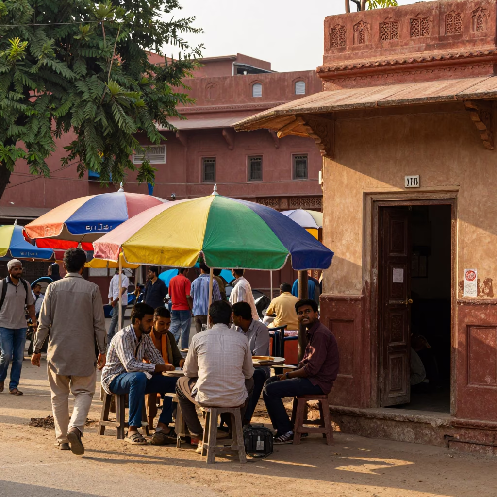 Busy Jaipur Street Scene Early Afternoon with Colorful Umbrellas and Local Commerce in in Jaipur, India