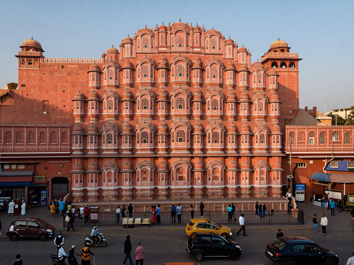 Busy Jaipur Street Scene First Light with Tray of Spiced Sambusa and Local Vendor in in Jaipur, India