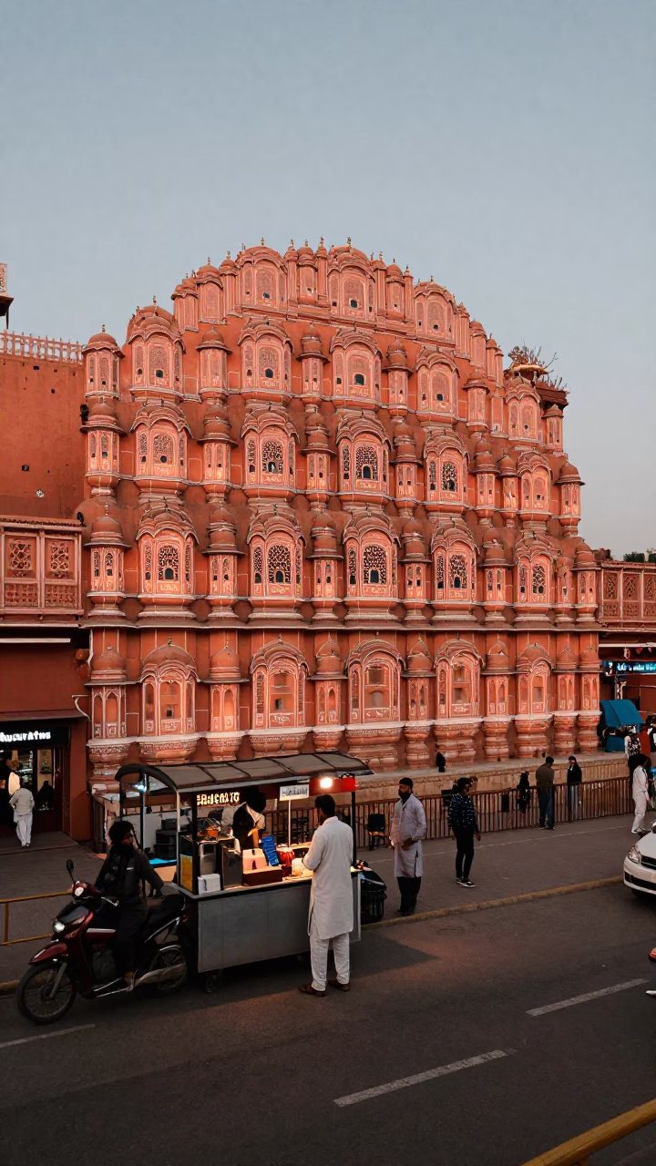 Busy Jaipur Street Scene in Copper Dusk Light with Traditional Architecture and Local Activity in in Jaipur, India