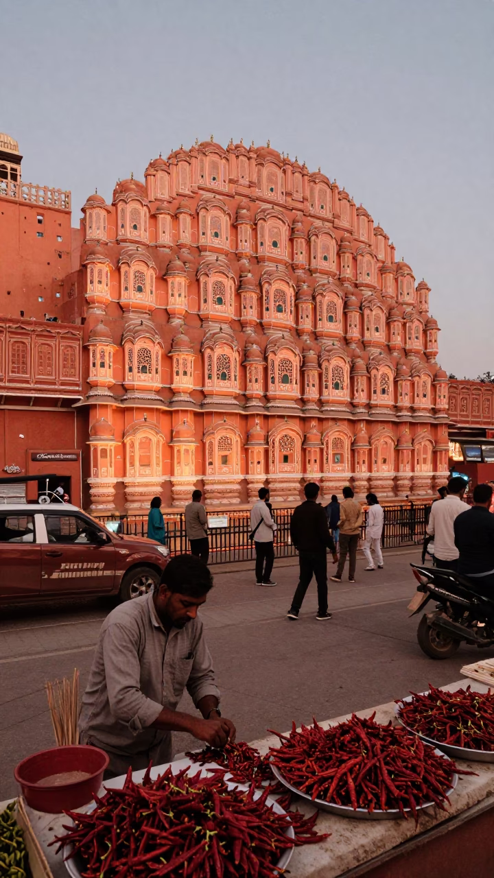 Busy Jaipur Street Scene in Copper Toned Dusk Light with Terracotta Bowl and Scarf in in Jaipur, India