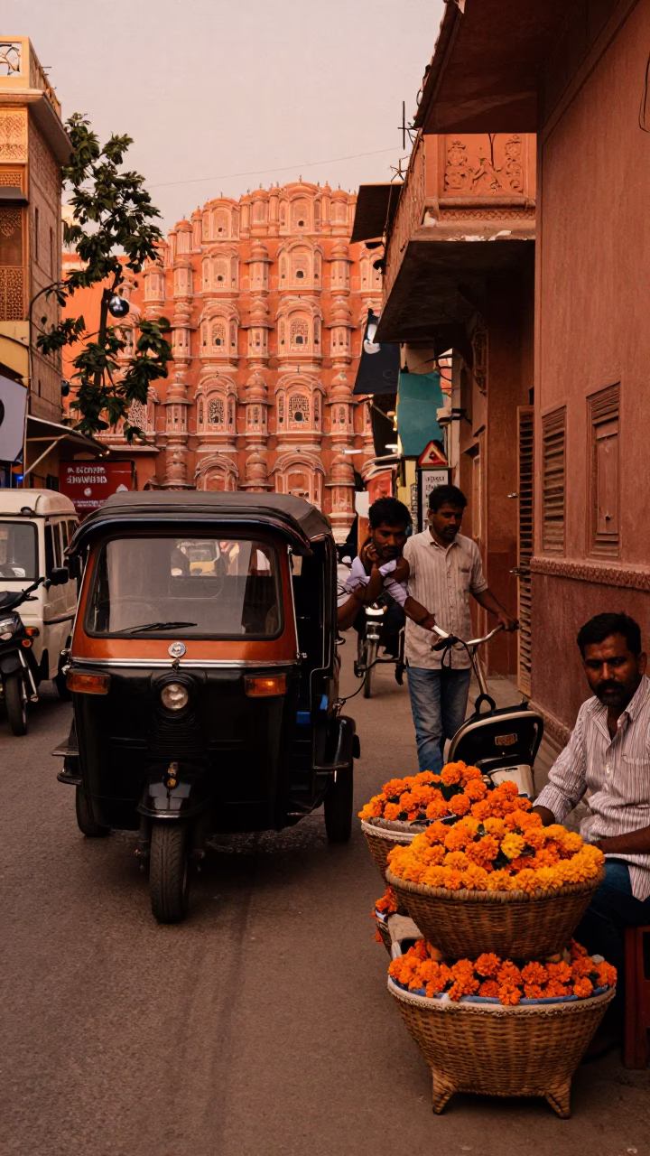 Busy Jaipur Street Scene in Copper Toned Light Before Dusk with Rickshaw Puller in in Jaipur, India