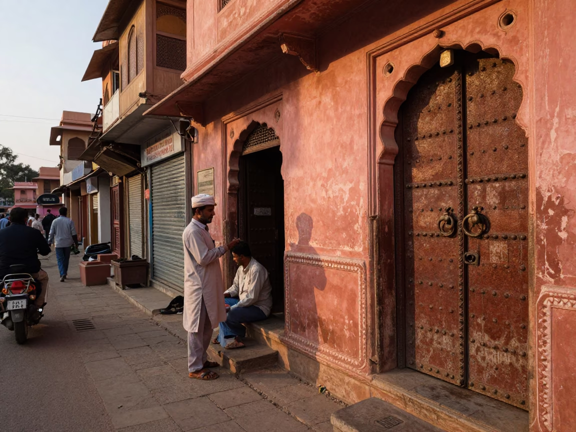 Busy Jaipur Street Scene in Honeyed Evening Light with Gate Handle and Prayer Beads in in Jaipur, India