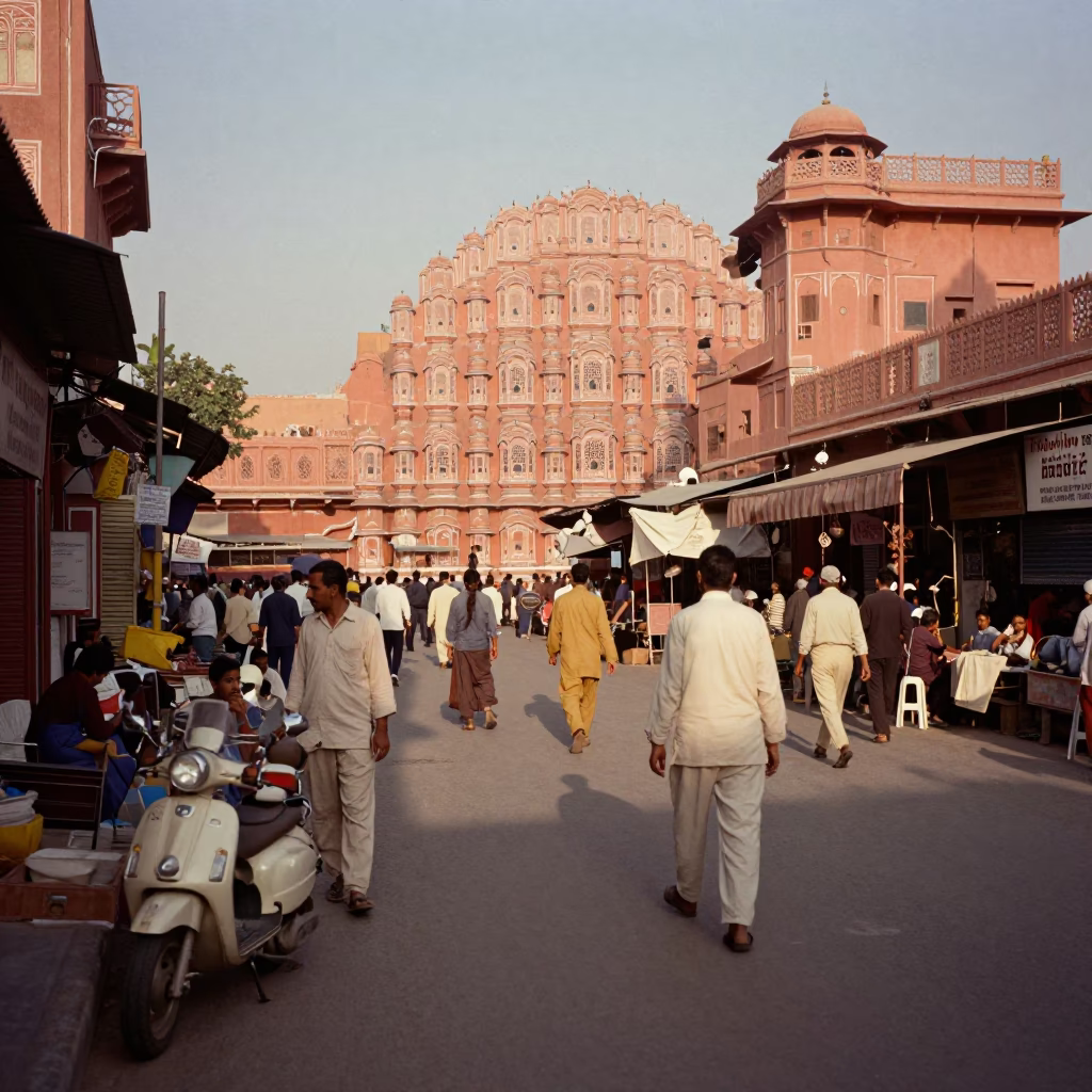 Busy Jaipur Street Scene in Honeyed Evening Light with Local Commerce in in Jaipur, India