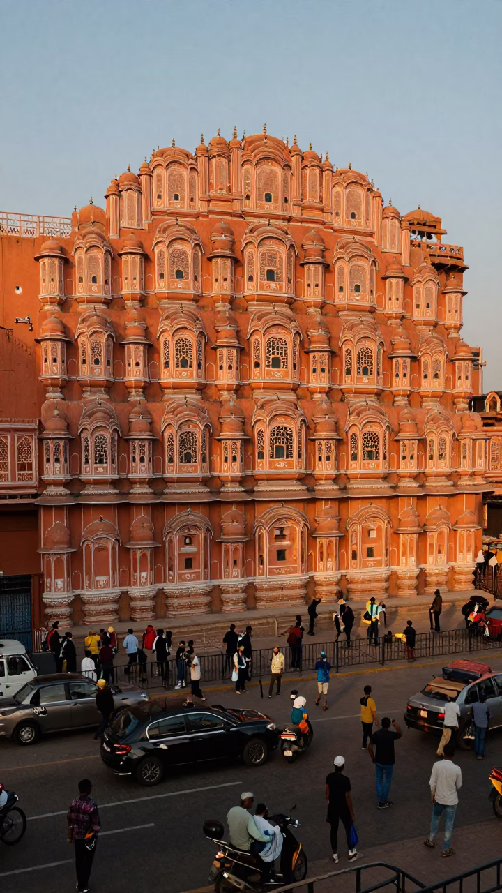 Busy Jaipur Street Scene in Honeyed Evening Light with Local Market Activity in in Jaipur, India