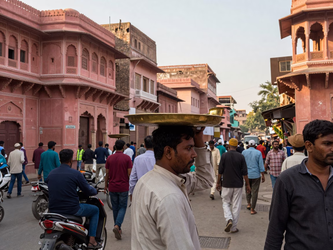 Busy Jaipur Street Scene Just After Sunrise with Brass Tray and Drinking Vessel in in Jaipur, India