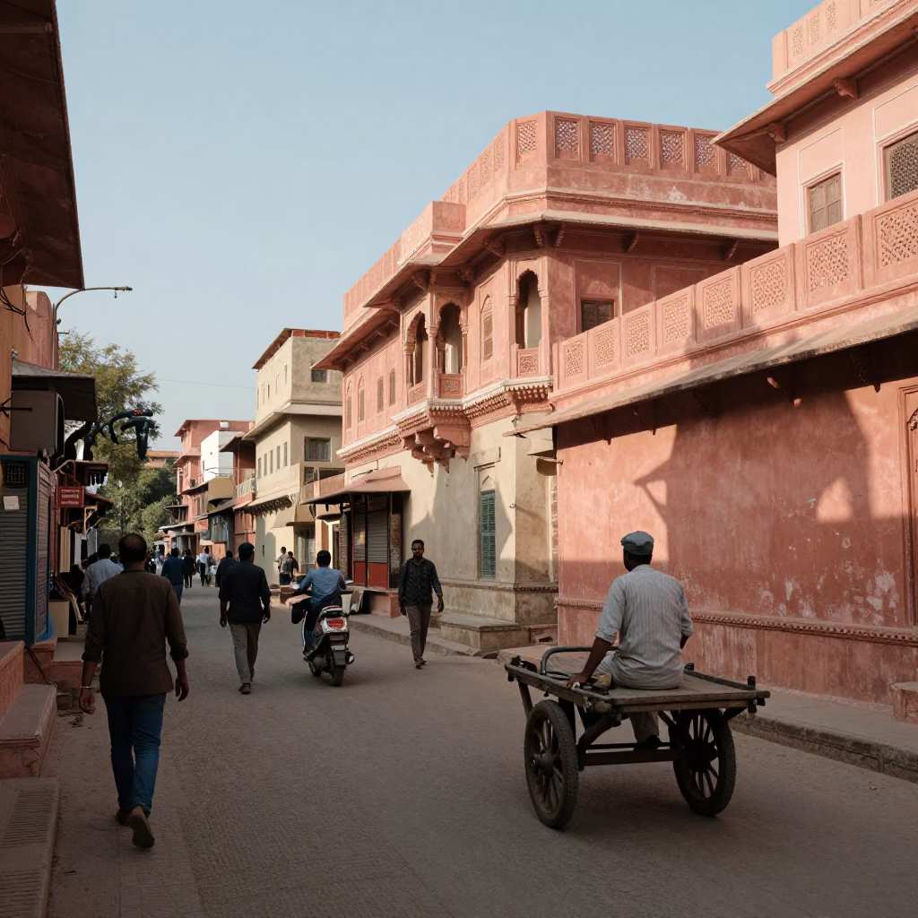 Busy Jaipur Street Scene Late Afternoon with Traditional Architecture and Local Commerce in in Jaipur, India