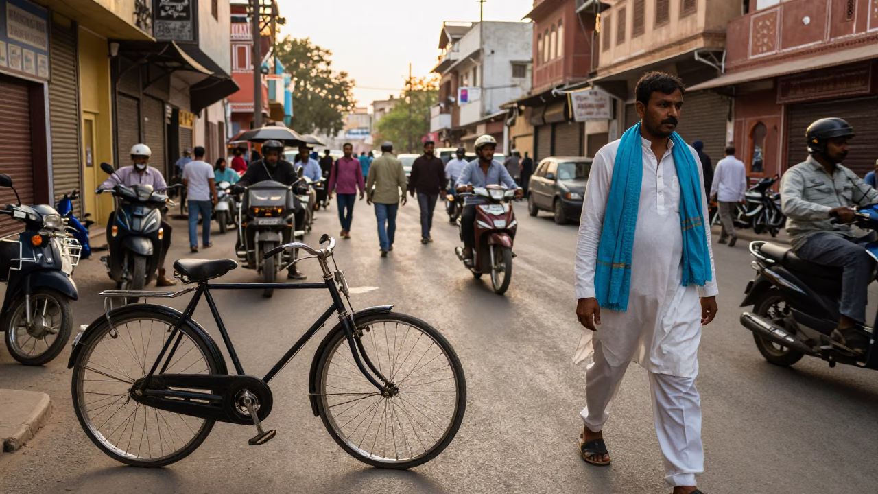 Busy Jaipur Street Scene Late Afternoon with Vintage Bicycle and Scarf in in Jaipur, India