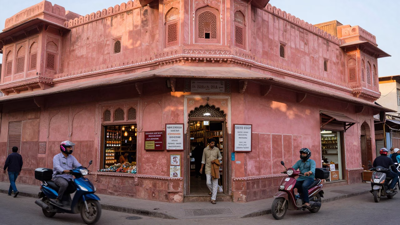 Busy Jaipur Street Scene Late Morning with Pink Sandstone Architecture and Traveler Suitcases in in Jaipur, India