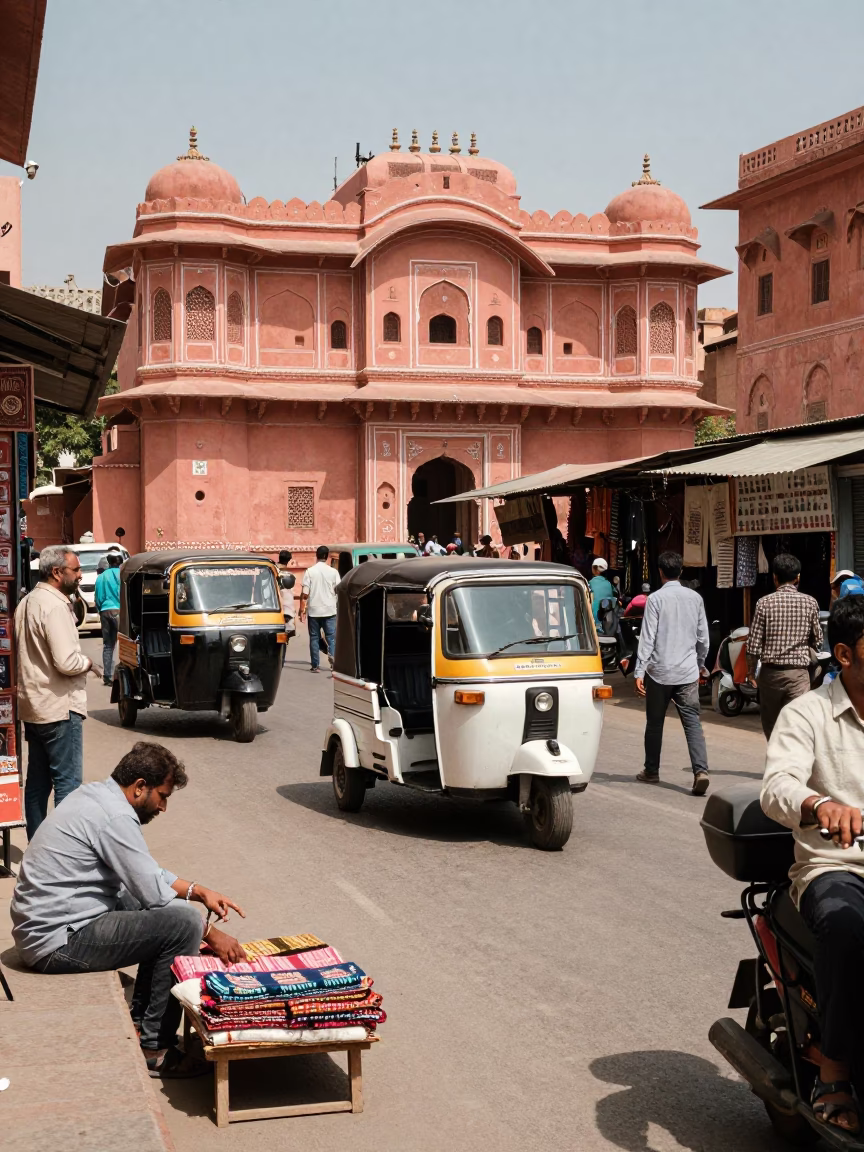 Busy Jaipur Street Scene Midday with Pink Sandstone Architecture and Local Traffic in in Jaipur, India