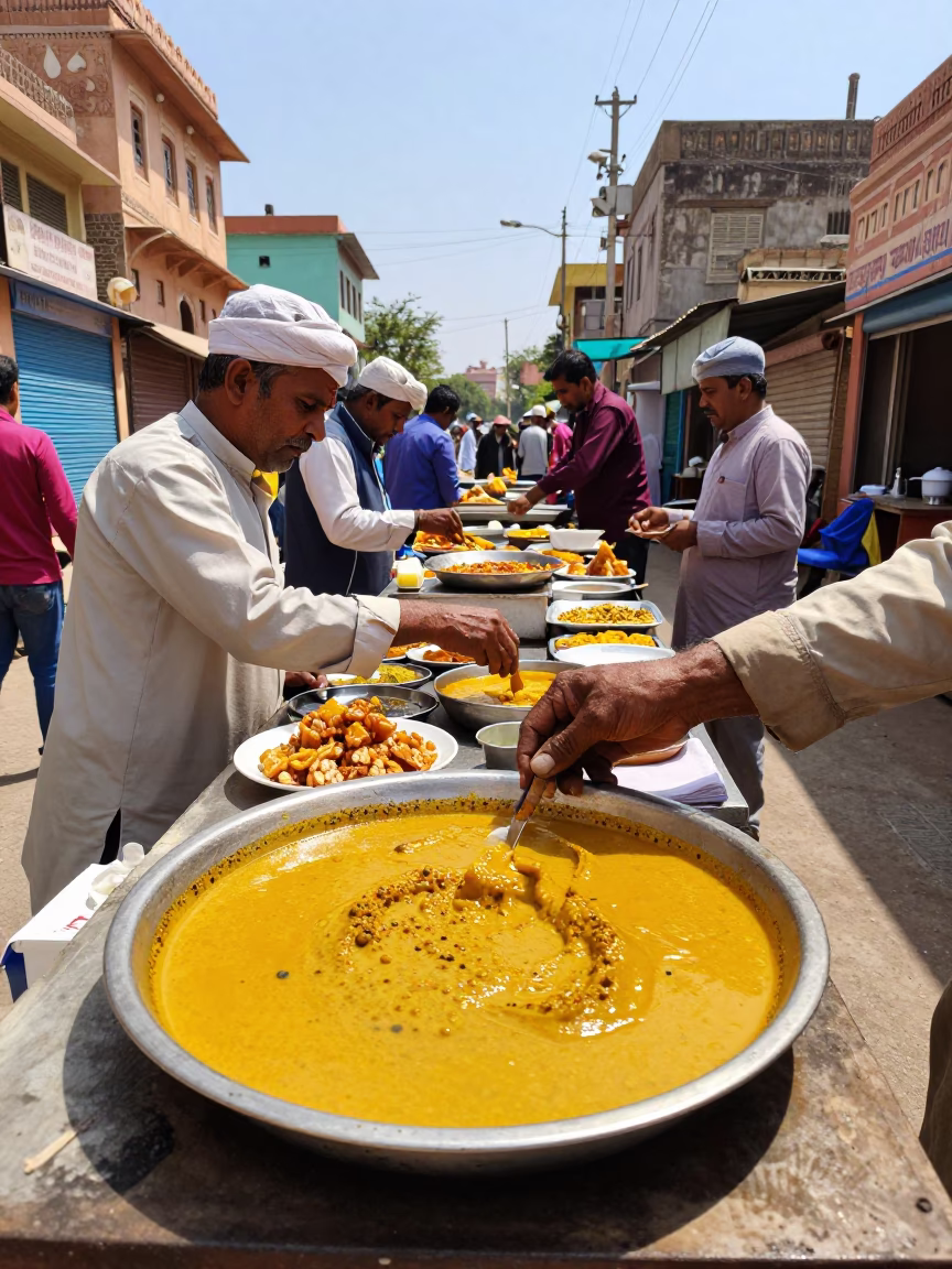 Busy Jaipur Street Scene Midday with Traditional Food and Local Details in in Jaipur, India