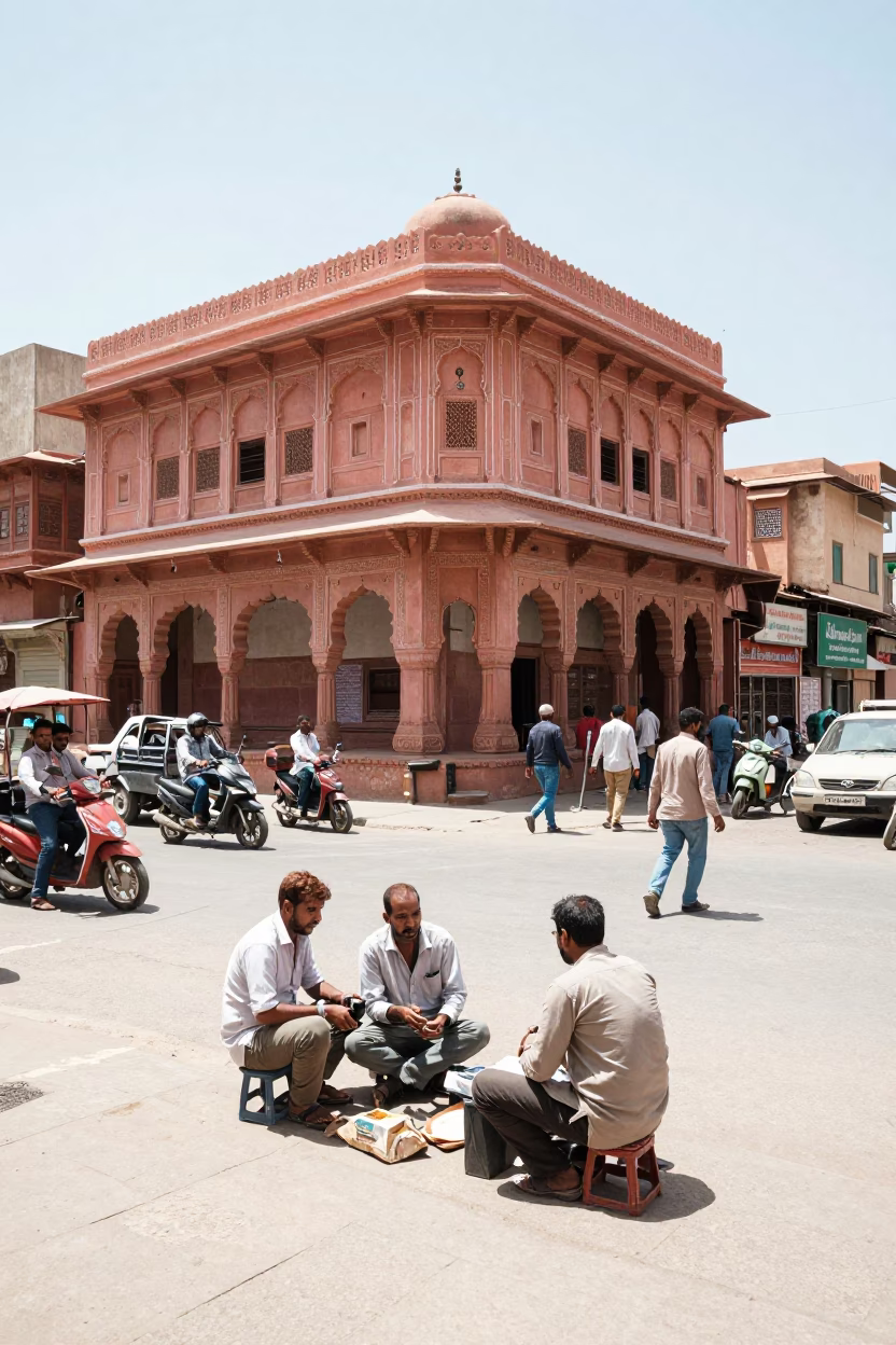 Busy Jaipur Street Scene Under Flat Noon Light with Stone Carvers and Traditional Architecture in in Jaipur, India